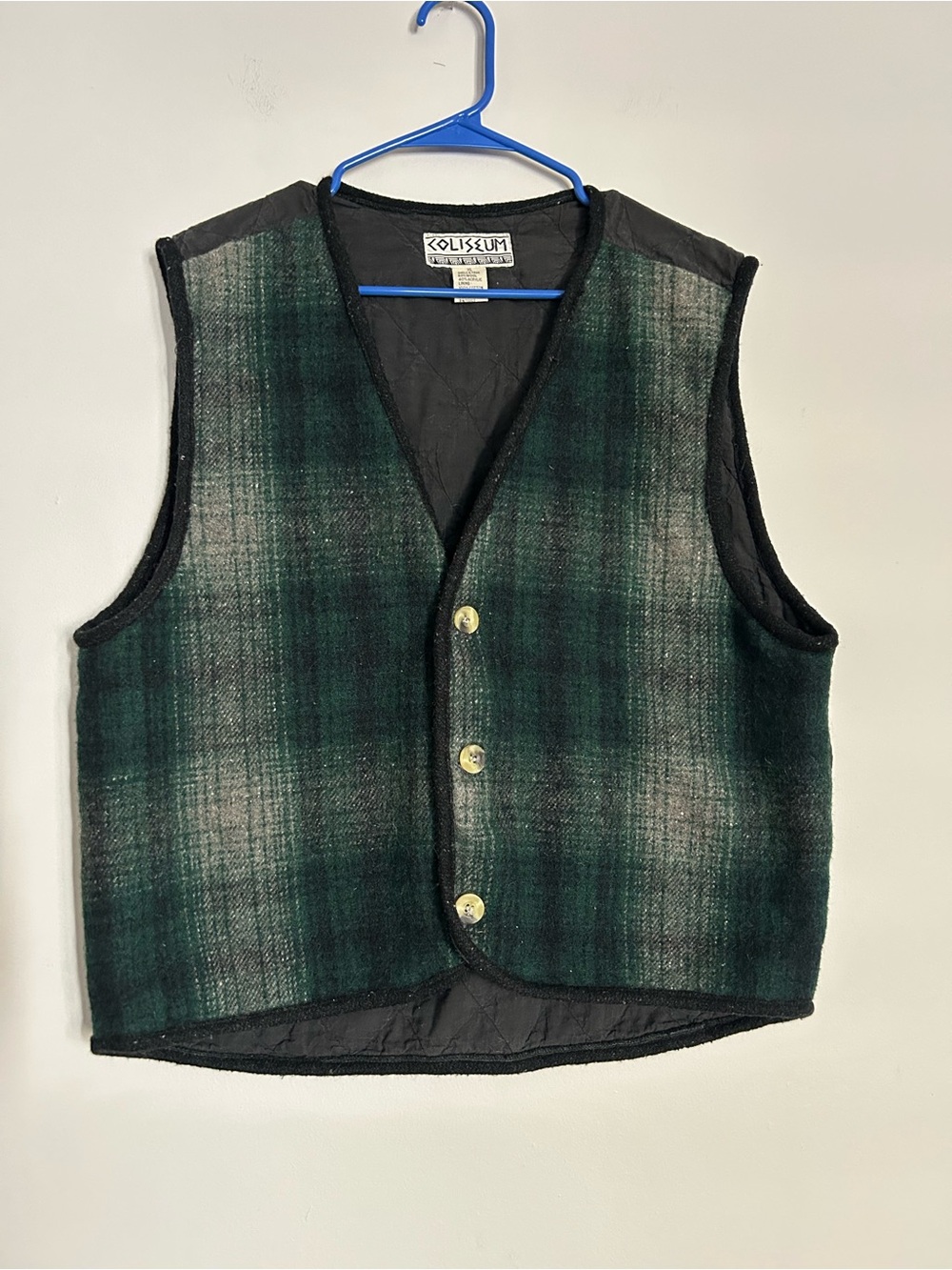 vintage Coliseum brand green and black plaid wool-blend vest xl